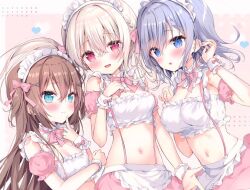  3girls :d :o amedamacon apron blue_eyes blue_hair blush braid braided_bangs breasts brown_hair cleavage closed_mouth commentary_request detached_sleeves frilled_apron frills hair_between_eyes hair_ornament light_brown_hair long_hair maid_headdress medium_breasts multiple_girls navel open_mouth original parted_lips pink_skirt pink_sleeves puffy_short_sleeves puffy_sleeves red_eyes short_sleeves skirt small_breasts smile very_long_hair waist_apron white_apron wrist_cuffs x_hair_ornament 