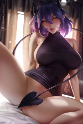 1girl artist_name black_horns black_sweater blurry blurry_background bottomless breasts closed_mouth curtains dated demon_girl demon_horns demon_tail depth_of_field hair_between_eyes horns indoors kinsou_no_vermeil large_breasts looking_at_viewer meme_attire monster_girl olchas on_bed patreon_logo pointy_ears purple_hair red_eyes short_hair sideboob sign sitting sleeveless sleeveless_sweater solo spread_legs sweater tail tail_censor thighs vermeil_(kinsou_no_vermeil) virgin_killer_sweater rating:Questionable score:145 user:danbooru