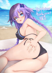  1girl :d arm_behind_back ass ass_grab beach bikini black_bikini blue_eyes blush braid breasts commentary_request from_behind grabbing_own_ass hair_between_eyes long_hair looking_at_viewer looking_back lying medium_breasts neptune_(series) ocean on_ground on_side open_mouth outdoors power_symbol purple_hair purple_heart_(neptunia) side-tie_bikini_bottom smile solo swimsuit symbol-shaped_pupils thighs torimaru twin_braids twintails very_long_hair 