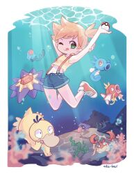  1girl :p air_bubble algae arm_behind_head arm_up blonde_hair blue_shorts border bubble commentary coral creatures_(company) crop_top freediving game_freak gen_1_pokemon green_eyes highres holding holding_poke_ball horsea krabby light_rays magikarp midriff misty_(pokemon) nintendo one_eye_closed poke_ball poke_ball_(basic) pokemon pokemon_(anime) pokemon_(classic_anime) pokemon_(creature) psyduck red_footwear sarah_dandh shellder shirt shoes short_hair short_shorts shorts side_ponytail signature sneakers starmie suspender_shorts suspenders swimming symbol-only_commentary tank_top tentacool tongue tongue_out underwater white_border yellow_shirt 