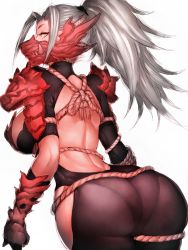  1girl ass bare_back breasts commentary_request fumio_(rsqkr) huge_ass large_breasts leaning_forward long_hair looking_at_viewer looking_back mask monster_hunter monster_hunter:_world monster_hunter_(series) odogaron odogaron_(armor) pantylines rope simple_background solo thighs white_background white_hair wide_hips yellow_eyes  rating:Sensitive score:87 user:danbooru