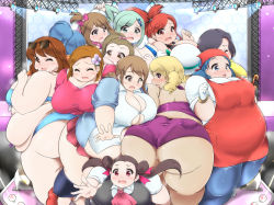 6+girls ass bandana belly black_hair blonde_hair blue_eyes blue_hair blush breasts brown_eyes brown_hair character_request cleavage closed_eyes fat highres huge_ass kurokaze_no_sora large_breasts looking_back multiple_girls pokemon purple_eyes red_hair sweat thick_thighs thighs rating:Questionable score:19 user:Juni221