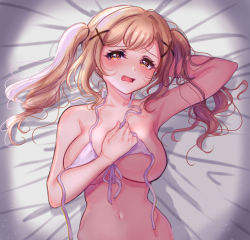  1girl arm_behind_back bad_id bad_pixiv_id bang_dream! bed_sheet bikini bikini_top_only blush breasts brown_eyes brown_hair commentary from_above front-tie_bikini_top front-tie_top hair_ornament hand_on_own_chest ichigaya_arisa large_breasts looking_at_viewer lying micro_bikini navel no_nipples on_back on_bed open_mouth purple_bikini sidelocks solo starme stomach sweat swept_bangs swimsuit symbol-only_commentary twintails untied_bikini upper_body x_hair_ornament  rating:Sensitive score:26 user:danbooru
