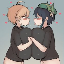  2boys black_hair black_shirt blonde_hair blush bottomless breast_press breasts censored erection eyes_visible_through_hair genshin_impact gigantic_breasts green_eyes hat heart holding_hands male_with_breasts multiple_boys oppai_shota penis pittori shirt shota simple_background small_penis standing symmetrical_docking tongue tongue_out venti_(genshin_impact) yaoi yellow_eyes  rating:Explicit score:6 user:Aaron86