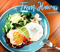  avocado commentary_request egg_(food) food food_focus fork fried_egg highres lettuce no_humans original rice sauce table tomma_mayuka wooden_table 