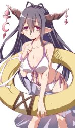 10s 1girl antenna_hair bandaged_arm bandages bare_shoulders bikini black_hair blush breasts cleavage closed_mouth crescent danua draph front-tie_bikini_top front-tie_top granblue_fantasy hair_between_eyes halterneck horns innertube large_breasts long_hair looking_at_viewer nirap pointy_ears purple_eyes sarong side-tie_bikini_bottom simple_background solo standing swim_ring swimsuit white_background white_bikini rating:Sensitive score:3 user:danbooru