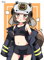  1girl absurdres arknights artist_name black_coat black_shorts black_sports_bra border breasts brown_eyes brown_hair coat commentary_request cowboy_shot firefighter hendra highres inset_border looking_at_viewer navel open_clothes open_coat orange_background panties parted_lips shaw_(arknights) short_hair shorts simple_background small_breasts solo sports_bra squirrel_tail stomach sweat tail underwear visible_air white_background white_panties 