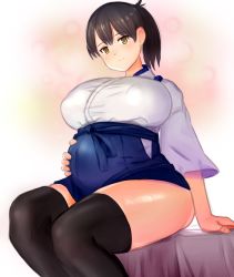 1girl black_thighhighs blue_hakama blue_skirt breasts brown_hair curvy egao_(sikorsky) hair_between_eyes hakama hakama_short_skirt hakama_skirt happy huge_breasts japanese_clothes kaga_(kancolle) kantai_collection looking_at_viewer medium_hair outie_navel pregnant short_sidetail side_ponytail sitting skirt smile solo thick_thighs thighhighs thighs yellow_eyes rating:Sensitive score:80 user:Oppai_chan