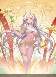 1girl bikini breasts cleavage earrings fire flower highres holding horns jewelry large_breasts lily_pad long_hair looking_at_viewer lotus lotus_leaf navel original pond red_ribbon ribbon smile solo swimsuit underboob water white_bikini white_hair white_ribbon yellow_eyes yellow_horns yizhibao 