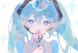 1girl ani_019 aqua_hair flower hair_between_eyes hatsune_miku headphones highres holding holding_flower long_hair looking_at_viewer necktie simple_background sleeveless solo unfinished vocaloid white_background 