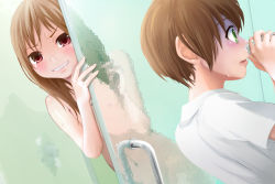  1boy 1girl androgynous angry bad_id bad_pixiv_id brother_and_sister brown_eyes brown_hair caught censored convenient_censoring crossdressing door flat_chest green_eyes grin hair_down mixed-sex_bathing naughty_face nervous nipples nude original panties shared_bathing short_hair shower_door showering siblings smelling smelling_clothes smelling_underwear smile surprised trap underwear wet yuki18r  rating:Questionable score:120 user:danbooru