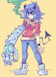  1girl absurdres blue_hair choker cigarette demon_horns demon_tail denim female_focus graskip green_eyes highres horns jeans looking_at_viewer original pants shoes smoke sneakers solo tail thick_eyebrows yellow_background  rating:Sensitive score:0 user:despol