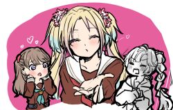  3girls :o =_= ^_^ anyoji_hime aqua_neckerchief blonde_hair blowing_kiss blue_hair blunt_bangs blush border brown_dress brown_hair closed_eyes collarbone dress flower fujishima_megumi gradient_hair hair_flower hair_ornament hair_ribbon hands_on_own_cheeks hands_on_own_face hasu_no_sora_school_uniform heart highres jacket kouhou_ato light_blue_hair link!_like!_love_live! long_hair long_sleeves love_live! mira-cra_park! multi-tied_hair multicolored_hair multiple_girls neckerchief open_clothes open_jacket osawa_rurino parted_bangs partially_colored pink_background pink_flower ponytail purple_eyes red_neckerchief ribbon sailor_collar sailor_dress school_uniform so_moe_i&#039;m_gonna_die! swept_bangs teeth twintails two_side_up upper_teeth_only v-shaped_eyebrows very_long_hair virtual_youtuber wavy_mouth white_border white_sailor_collar winter_uniform 
