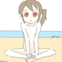  1girl akame-chan_(kyo-yan) aliasing beach brown_hair female_focus flat_chest highres indian_style kyo-yan loli looking_at_viewer nipples nude ocean original outdoors pussy short_hair side_ponytail sitting solo  rating:Explicit score:45 user:Dweenie