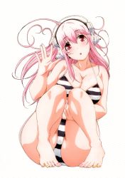  1girl :o absurdres barefoot bikini breasts feet highres large_breasts lingerie nitroplus open_mouth pink_hair super_sonico swimsuit toes underwear  rating:Questionable score:16 user:Wing_of_Madoola
