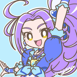  1girl blue_background blue_choker blush bright_pupils brooch choker cure_beat earrings eyelashes frills hair_intakes hair_ornament heart heart_earrings highres jewelry kurokawa_eren long_hair looking_at_viewer magical_girl mayena open_mouth outline precure purple_hair ribbon seiren_(suite_precure) side_ponytail signature simple_background smile solo suite_precure upper_body white_outline white_pupils yellow_eyes 