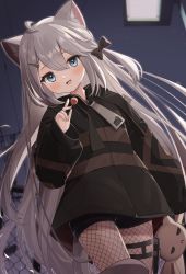 1girl :d animal_ear_fluff animal_ears black_jacket black_shorts blue_eyes bow brown_jacket candy cat_ears cat_girl cat_tail chain-link_fence fang fence fishnet_pantyhose fishnets food goma_(u_p) grey_hair hair_bow highres holster jacket lamppost lollipop long_hair long_sleeves looking_at_viewer multicolored_clothes multicolored_jacket night open_mouth original oversized_zipper pantyhose power_lines puffy_long_sleeves puffy_sleeves short_shorts shorts sky sleeves_past_fingers sleeves_past_wrists smile star_(sky) starry_sky stuffed_animal stuffed_cat stuffed_toy tail thigh_holster two-tone_jacket very_long_hair zipper rating:General score:9 user:danbooru