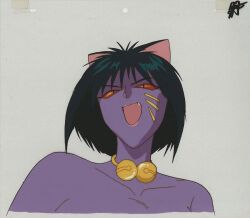  1990s_(style) 1girl animal_ears bishoujo_senshi_sailor_moon bishoujo_senshi_sailor_moon_s breasts cat_ears cat_girl choker collar colored_sclera colored_skin daimon_(sailor_moon) female_focus green_hair nekonneru_(sailor_moon) no_humans official_art open_mouth pink_skin pointy_ears red_sclera retro_artstyle scan shiny_skin solo toei_animation upper_body wide_hips 