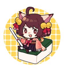  1girl :d ahoge animal_ears bell bow bright_pupils brown_hair brown_skirt cat_ears cat_girl chibi commentary_request frilled_sleeves frills full_body hair_bell hair_ornament hair_ribbon holding_tenbou ichihime japanese_clothes jingle_bell kimono long_sleeves looking_at_viewer mahjong mahjong_soul mahjong_tile medium_bangs obi open_mouth pink_kimono red_bow red_eyes red_ribbon red_sash ribbon sash short_hair sitting skirt smile socks solo tenbou umaruzo waist_bow white_pupils white_socks wide_sleeves 