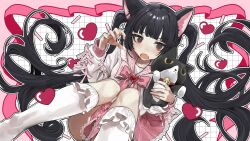  1girl absurdres animal_ears black_hair blouse blunt_bangs brooch cat_ears cat_girl claw_pose fang frilled_skirt frilled_socks frills hair_ribbon heart heart_brooch highres holding holding_stuffed_toy jewelry kneehighs long_hair open_mouth original panties pantyshot pink_ribbon pink_sailor_collar pink_skirt pleated_skirt red_eyes ribbon sailor_collar shirt skirt socks solo stuffed_animal stuffed_cat stuffed_toy tachibana_wataru_(123tsuki) twintails underwear v-shaped_eyebrows very_long_hair white_shirt white_socks 