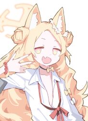  1girl animal_ear_fluff animal_ears atsubakutaro bead_bracelet beads black_choker blonde_hair blue_archive bow bracelet choker cosplay double_bun fangs fox_ears hair_bun halo hand_up highres jewelry kirara_(blue_archive) kirara_(blue_archive)_(cosplay) long_hair looking_at_viewer multicolored_eyes open_mouth pink_eyes seia_(blue_archive) shirt simple_background skin_fangs sleeve_bow smile solo upper_body very_long_fingernails w white_background white_shirt yellow_bow yellow_eyes yellow_halo 