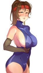  0regano 1girl alternate_breast_size bad_tag bandana blue_leotard blush breasts brown_eyes brown_hair covered_navel elbow_gloves final_fantasy final_fantasy_vii final_fantasy_vii_remake gloves half-closed_eyes headband highres jessie_rasberry large_breasts leotard looking_to_the_side navel ponytail sideboob skin_tight smile solo sweat sweatdrop thighs white_background wide_hips 