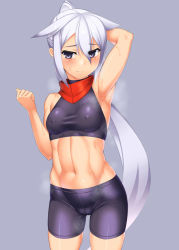 1girl abs armpits bike_shorts blush breasts covered_erect_nipples halterneck long_hair looking_at_viewer midriff myouan navel original ponytail shirakami_itsuki simple_background small_breasts smell solo steam sweat white_hair rating:Questionable score:18 user:danbooru