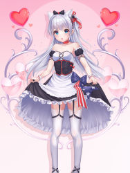  1girl absurdres american_flag american_flag_print animal_ears azur_lane blue_eyes bow breasts cat_ears cat_tail cleavage clothes_lift collarbone commentary_request dress dress_lift flag_print foka_(beginner) garter_straps hair_bow hammann_(azur_lane) heart highres lifted_by_self long_hair looking_at_viewer open_mouth remodel_(azur_lane) ribbon silver_hair skirt skirt_lift small_breasts solo standing tail thighhighs white_thighhighs  rating:Sensitive score:12 user:danbooru