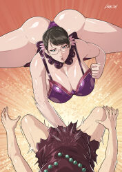  1boy 1girl absurdres ass ball_busting bare_legs black_hair breasts broken_necklace cattleya_(queen&#039;s_blade) cirenk cleavage cropped_legs eyeshadow glass hair_pulled_back head_out_of_frame highres huge_ass huge_breasts lips makeup mature_female mother_and_son punching queen&#039;s_blade rana_(queen&#039;s_blade) simple_background solo_focus thick_thighs thighs 
