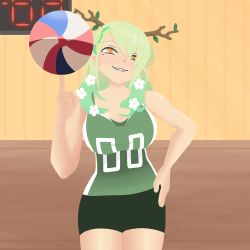  1girl antlers ball bare_arms bare_shoulders blush braid branch breasts ceres_fauna cleavage flower flower_on_head green_hair gym hair_over_one_eye hand_on_own_hip highres hololive hololive_english horns jersey large_breasts leaf long_hair medium_hair mole mole_under_eye seductive_smile short_shorts shorts simple_background smile smug souls4u sportswear virtual_youtuber volleyball volleyball_(object) volleyball_uniform wide_hips yellow_eyes  rating:Sensitive score:1 user:Souls4U