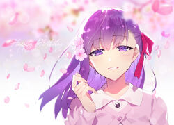  1girl artist_name blush breasts character_name cherry_blossoms collared_shirt dated dress_shirt fate/stay_night fate_(series) flower hair_flower hair_ornament hair_ribbon happy_birthday highres large_breasts long_hair long_sleeves looking_at_viewer matou_sakura official_alternate_costume petals pink_shirt purple_eyes purple_hair red_ribbon redrop ribbon shirt smile solo white_shirt 