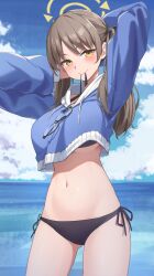  1girl arms_up bikini bikini_under_clothes black_bikini blue_archive blue_sky breasts brown_hair closed_mouth cloud cowboy_shot cropped_hoodie day drawstring eyewear_hang unworn_eyewear glasses hair_tie_in_mouth halo highres hood hoodie large_breasts long_hair moe_(blue_archive) moe_(swimsuit)_(blue_archive) mouth_hold navel ocean outdoors reulem sky smile solo stomach swimsuit twintails yellow_eyes  rating:Sensitive score:16 user:danbooru