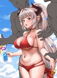  1girl 2boys aliza_(granblue_fantasy) aliza_(summer)_(granblue_fantasy) bikini blush breasts commentary_request cowboy_shot criss-cross_halter cup curvy draph earrings faceless faceless_male granblue_fantasy grey_hair groin hair_ornament hair_scrunchie halterneck height_difference high_ponytail highres holding holding_cup horns jewelry large_breasts long_hair looking_at_viewer low-tied_long_hair lowleg lowleg_bikini multi-strapped_bikini_bottom multiple_boys navel nervegear o-ring o-ring_bikini o-ring_top official_alternate_costume open_mouth pointy_ears red_bikini red_eyes red_scrunchie scrunchie shortstack sideboob sidelocks sideways_glance skindentation stomach sweat sweatdrop swimsuit textless_version tropical_drink very_long_hair very_sweaty youkan 