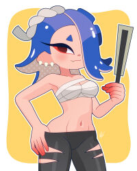 1girl :3 bandages black_pants blue_hair blush breasts cleavage collarbone earrings fang folding_fan hachimaki hair_over_one_eye hand_fan headband highres holding holding_fan jewelry long_hair looking_at_viewer louis_lloyd-judson medium_breasts navel nintendo octoling octopus_girl pants paper_fan pointy_ears red_eyes sarashi shiver_(splatoon) smile splatoon_(series) splatoon_3 standing suction_cups tentacle_hair tentacles tooth_earrings yellow_background