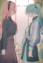  2girls aqua_eyes aqua_hair aqua_nails belt black_hairband black_shirt black_skirt blue_eyes brown_skirt closed_mouth collar curtains frilled_collar frills from_side grey_hoodie hairband hatsune_miku highres holding_hands hood hoodie indoors long_hair long_sleeves looking_at_another looking_down megurine_luka multiple_girls parted_lips pink_hair shirt skirt standing turtleneck twintails vocaloid wanaxtuco yuri  rating:General score:8 user:danbooru