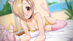  1girl all_fours animal_ears animal_hands bags_under_eyes bare_shoulders bikini blonde_hair blue_choker blurry blurry_background blush breasts cat_ears cat_tail choker cleavage collarbone dot_nose ear_piercing fake_animal_ears fake_tail gloves hair_ornament hair_over_one_eye hairclip highres idolmaster idolmaster_cinderella_girls idolmaster_cinderella_girls_starlight_stage illust_audio indoors looking_at_viewer ocean on_bed paw_gloves piercing pink_thighhighs plant potted_plant red_eyes shirasaka_koume short_hair signature small_breasts smile solo swimsuit tail thighhighs tongue tongue_out tree window yellow_bikini  rating:Sensitive score:57 user:danbooru