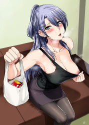 1girl armpits bag bare_shoulders black_pantyhose black_tank_top blue_eyes blush breasts breath carrying cleavage clothes_pull collarbone condom_box couch earrings from_above hair_between_eyes half_updo heart heart-shaped_pupils high_ponytail highres himuro_ayame indoors jewelry large_breasts leaning_forward long_hair looking_at_viewer miniskirt nipple_slip nipples okamoto_condoms open_mouth pantyhose pencil_skirt ponytail purple_hair purple_skirt rikei_ga_koi_ni_ochita_no_de_shoumei_shitemita shirt_pull shopping_bag sitting skirt smile solo sweat symbol-shaped_pupils tank_top xter rating:Questionable score:156 user:UltraPerv88