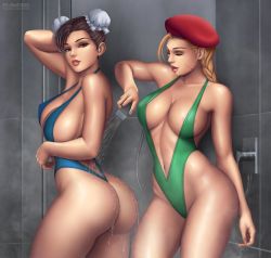 2girls ass blue_one-piece_swimsuit breasts cammy_white capcom chun-li flowerxl green_one-piece_swimsuit large_breasts looking_at_viewer multiple_girls one-piece_swimsuit red_beret shower slingshot_swimsuit street_fighter swimsuit rating:Questionable score:72 user:25821290