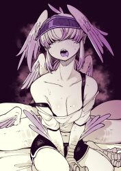  1girl absurdres bird_legs blush breasts cleavage collarbone dolphin_shorts female_focus hair_over_eyes head_wings highres karasu_raven large_breasts mole mole_on_breast monochrome monster_girl navel open_mouth original pointy_ears purple_theme sharp_teeth short_shorts shorts sidelocks sitting solo strap_slip sweat tail teeth tongue tongue_out wings 