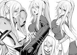  1girl absurdres angry arm_cannon armor ass blush bodysuit breasts highres impossible_bodysuit impossible_clothes jesse_schickler large_breasts metroid mole mole_under_mouth monochrome nintendo open_mouth ponytail power_armor power_suit power_suit_(metroid) samus_aran skin_tight towel varia_suit weapon zero_suit 