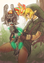  1boy 1girl blonde_hair blush bottomless breasts cum earrings closed_eyes fingerless_gloves gloves glowing grass happy happy_sex hat held_up helmet hetero jewelry link midna nintendo nude open_mouth orange_hair outdoors penis pointy_ears runes sex sketch the_legend_of_zelda the_legend_of_zelda:_twilight_princess tree tunic  rating:Explicit score:101 user:Pingas_Man