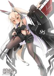  1girl alternate_costume artist_name ayanami_(azur_lane) ayanami_(rock_&#039;n&#039;_demon)_(azur_lane) azur_lane bare_shoulders black_coat black_footwear black_pantyhose black_shorts blush boots breasts character_name closed_mouth coat dated full_body hair_between_eyes hand_on_own_head headgear headphones highres kaorun leg_up long_hair long_sleeves looking_at_viewer navel open_clothes open_coat oversized_clothes pantyhose ponytail red_eyes short_shorts shorts simple_background skirt solo standing weapon weapon_on_back white_hair wire zipper 
