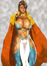 amazon_warrior armor bikini_armor breasts brown_hair cape choker cleavage closed_eyes curvy dark_skin earrings eyeshadow highres huge_breasts jewelry loincloth makeup nappii_(nappy_happy) navel ponytail simple_background smile sword thick_thighs thighhighs thighs tiara weapon wide_hips rating:Questionable score:68 user:LightningCount