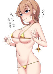  1girl absurdres bare_arms bare_shoulders bikini bikini_bottom_pull blue_eyes blush braid breasts brown_hair cameltoe closed_mouth collarbone embarrassed gold_bikini groin hair_between_eyes hair_ornament highres kantai_collection kiritto large_breasts long_hair micro_bikini navel propeller_hair_ornament simple_background solo swimsuit teruzuki_(kancolle) translation_request twin_braids v white_background 