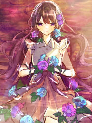  1girl afloat artist_name asagao_no_chiru_koro_ni_(tuyu) black_hair blue_flower bow collared_dress commentary_request dress dress_bow dusk flower flower_on_liquid frilled_sleeves frills from_above hair_flower hair_ornament hands_on_own_stomach highres holding holding_flower houga_1710_sps leaf long_hair looking_at_viewer lying lying_on_water multicolored_eyes on_back partially_submerged pink_eyes purple_eyes purple_flower ripples signature solo straight-on sunlight tuyu_(band) twitter_username unkempt very_long_hair water wavy_hair white_dress 