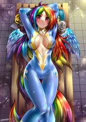 1girl arms_behind_head artist_name blonde_hair blue_hair bodysuit breasts cleavage_cutout clothing_cutout covered_erect_nipples curvy emperpep green_hair large_breasts long_hair looking_at_viewer lying multicolored_eyes multicolored_hair my_little_pony my_little_pony:_friendship_is_magic on_back orange_hair personification purple_hair rainbow_dash rainbow_hair red_hair shiny_skin skin_tight smile solo tail thigh_gap unzipped wings rating:Questionable score:127 user:danbooru
