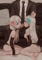  1boy 2girls absurdres age_difference anouetto ass bad_id bad_pixiv_id bare_shoulders barefoot black_neckwear black_panties black_pants blue_eyes breasts business_suit cigarette cooperative_fellatio couch feet fellatio ffm_threesome fingerless_gloves floral_print flower foreskin formal full_body gloves grabbing_another&#039;s_hair grey_eyes group_sex hair_flower hair_ornament hand_on_another&#039;s_head head_out_of_frame highres hisakawa_hayate hisakawa_nagi idolmaster idolmaster_cinderella_girls indoors kneeling loli long_hair low_twintails medium_breasts multiple_girls necktie nipples on_couch open_mouth oral panties pants penis shimaidon siblings silver_hair sisters sitting small_breasts soles suit teamwork testicle_sucking thong threesome toes topless twins twintails uncensored underwear wariza yokozuwari  rating:Explicit score:738 user:danbooru