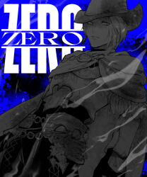  1girl androgynous armor blue_background breastplate cape character_name cowboy_shot earrings expressionless final_fantasy final_fantasy_xiv fosaster_fenrir fringe_trim greyscale_with_colored_background hat hatching_(texture) highres jewelry looking_at_viewer o-ring pants reaper_(final_fantasy) reverse_trap short_hair simple_background single_earring smoke solo standing zero_(ff14) 