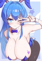  animal_ears bare_shoulders bent_over blue_bow blue_bowtie blue_eyes blue_leotard blush bowtie braid breasts brown_pantyhose closed_mouth collarbone detached_collar fake_animal_ears fake_tail fishnet_pantyhose fishnets goddess_of_victory:_nikke hanging_breasts helm_(nikke) huge_breasts leotard long_hair one_eye_closed pantyhose playboy_bunny rabbit_ears rabbit_tail star_(symbol) strapless strapless_leotard tail v v_over_eye yoonsun 