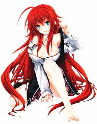  10s 1girl absurdres barefoot blue_eyes breasts fang feet female_focus high_school_dxd highres large_breasts long_hair miyama-zero official_art red_hair rias_gremory shoes single_shoe sitting smile solo spread_toes toes  rating:Questionable score:70 user:spiderfan